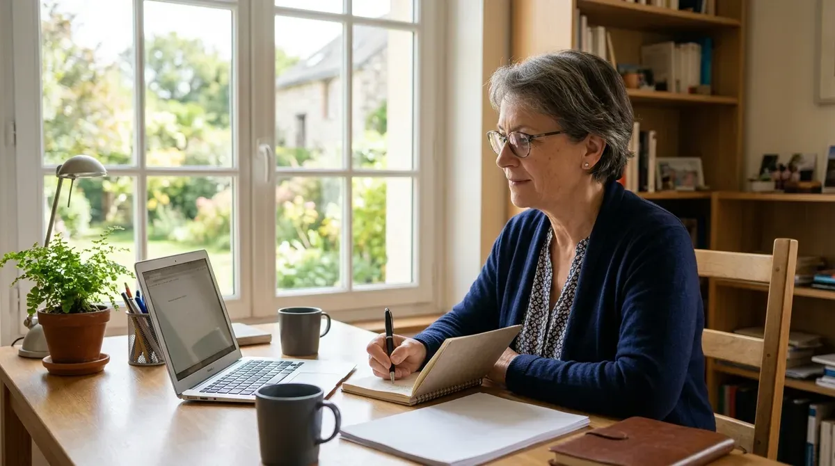 Une femme d'une soixantaine d'années travaille à son bureau devant une fenêtre lumineuse