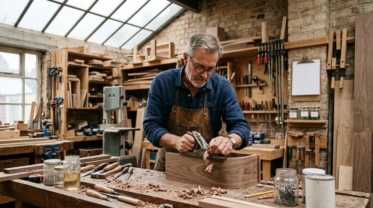 Un homme d'une soixantaine d'années travaille dans son atelier d'ébéniste, concentré sur une pièce de bois