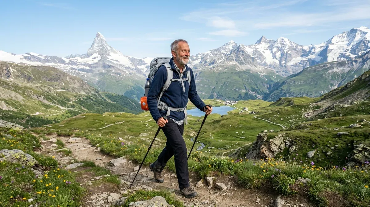 Un homme d'une soixantaine d'années marche sur un sentier de montagne suisse par un matin clair