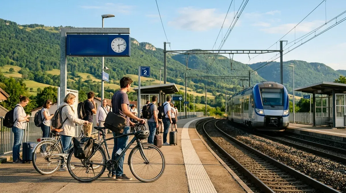 Pendulaires sur le quai d'une gare régionale entre la France et Genève, un matin d'été