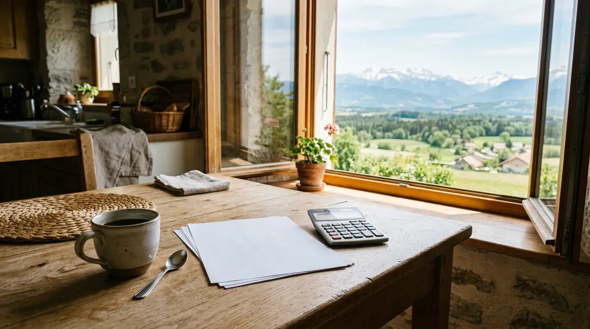 Table de cuisine d'une maison de Haute-Savoie avec des documents posés à côté d'une tasse de café, au matin