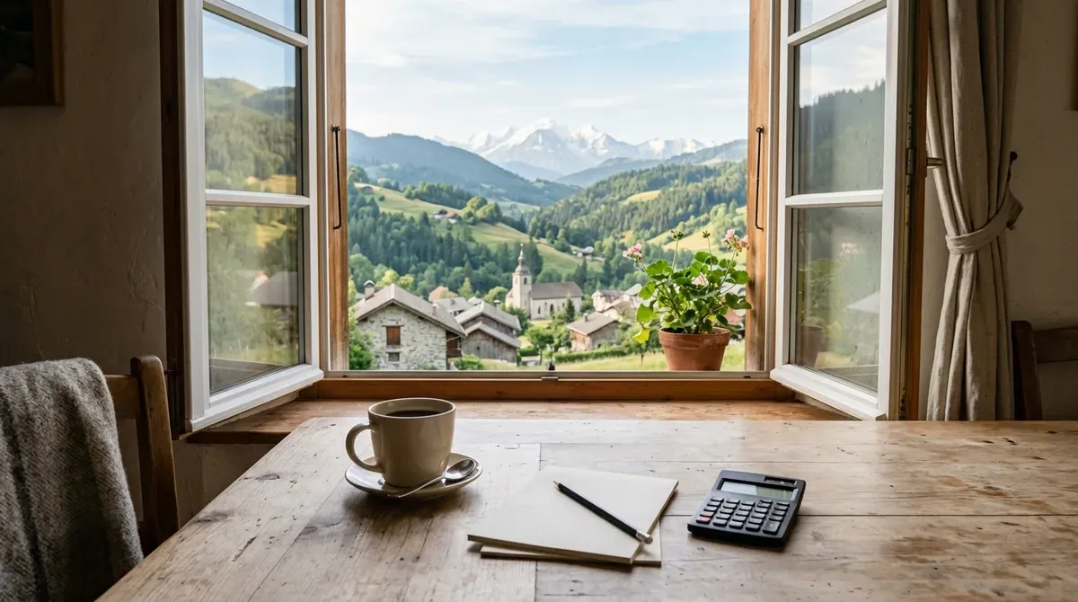 Table de cuisine avec des documents et une calculatrice, fenêtre ouverte sur la campagne de Haute-Savoie