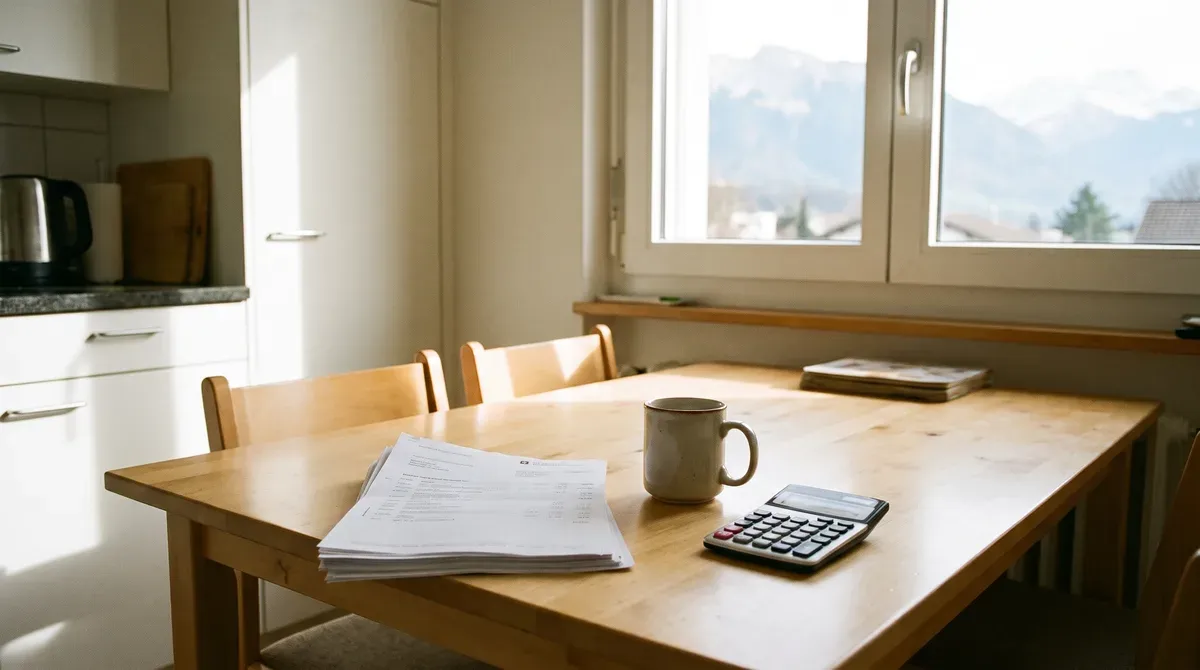Table de cuisine avec des relevés bancaires papier, une tasse de café et une calculatrice, dans un appartement suisse