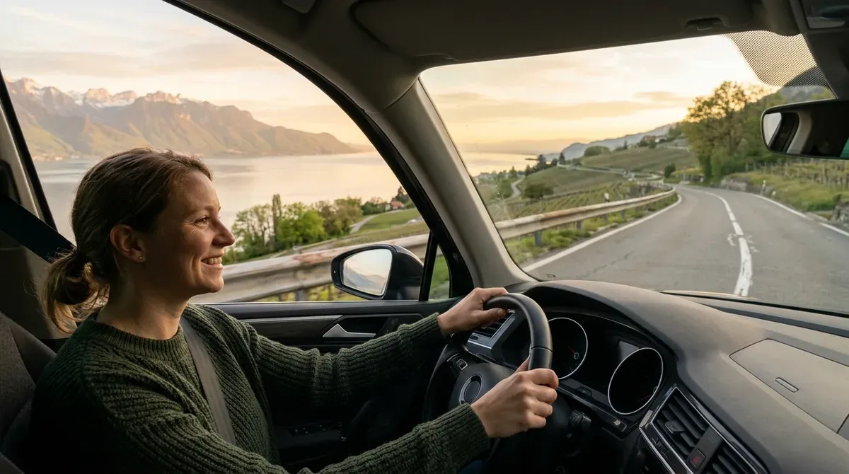 Une frontalière au volant à l'aube, sur une route qui domine le lac Léman et les montagnes