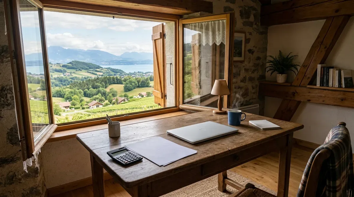 Bureau à domicile dans une maison de Haute-Savoie, fiche de paie unie et calculatrice posées près d'un ordinateur portable fermé