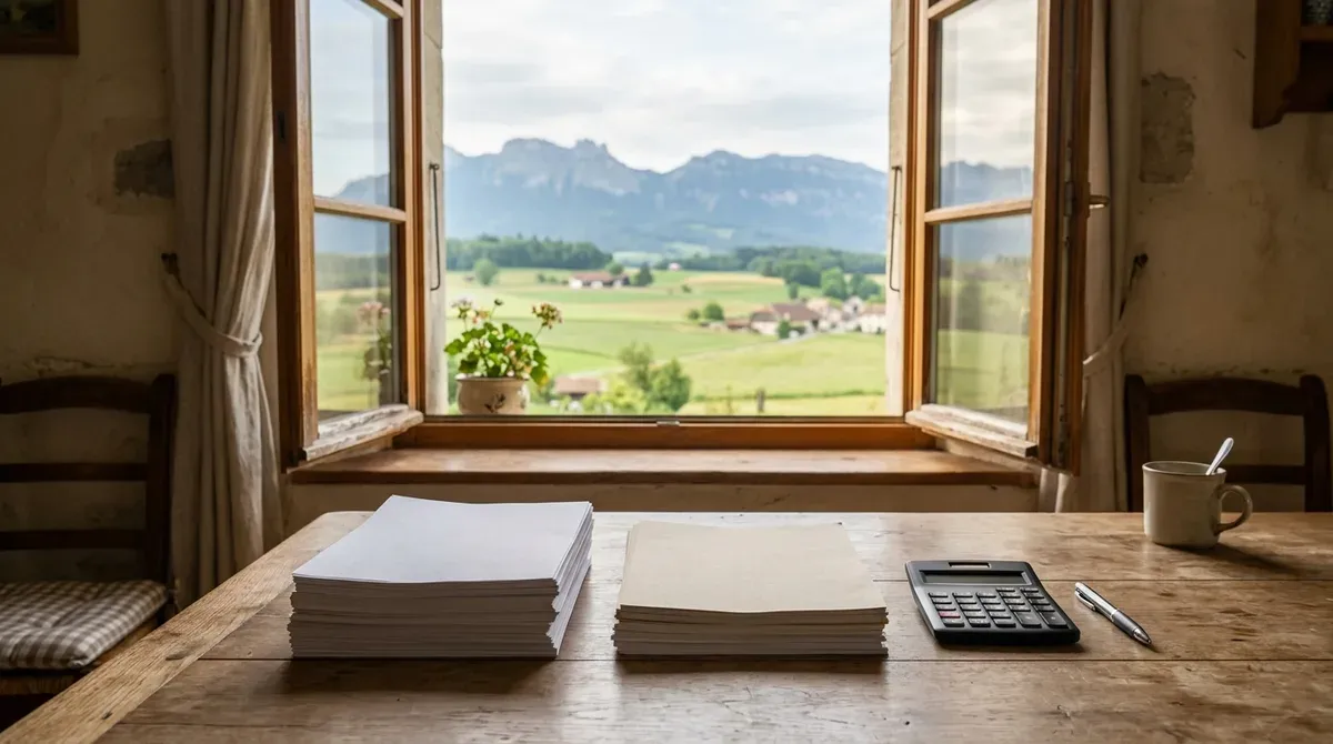 Table de cuisine avec deux piles de documents et une calculatrice, fenêtre ouverte sur la campagne genevoise