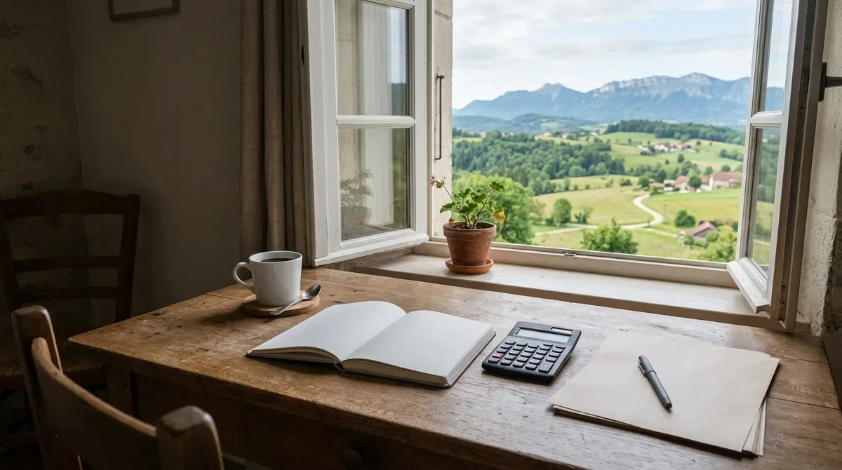 Table de travail avec des documents et une calculatrice, fenêtre ouverte sur la campagne du Pays de Gex