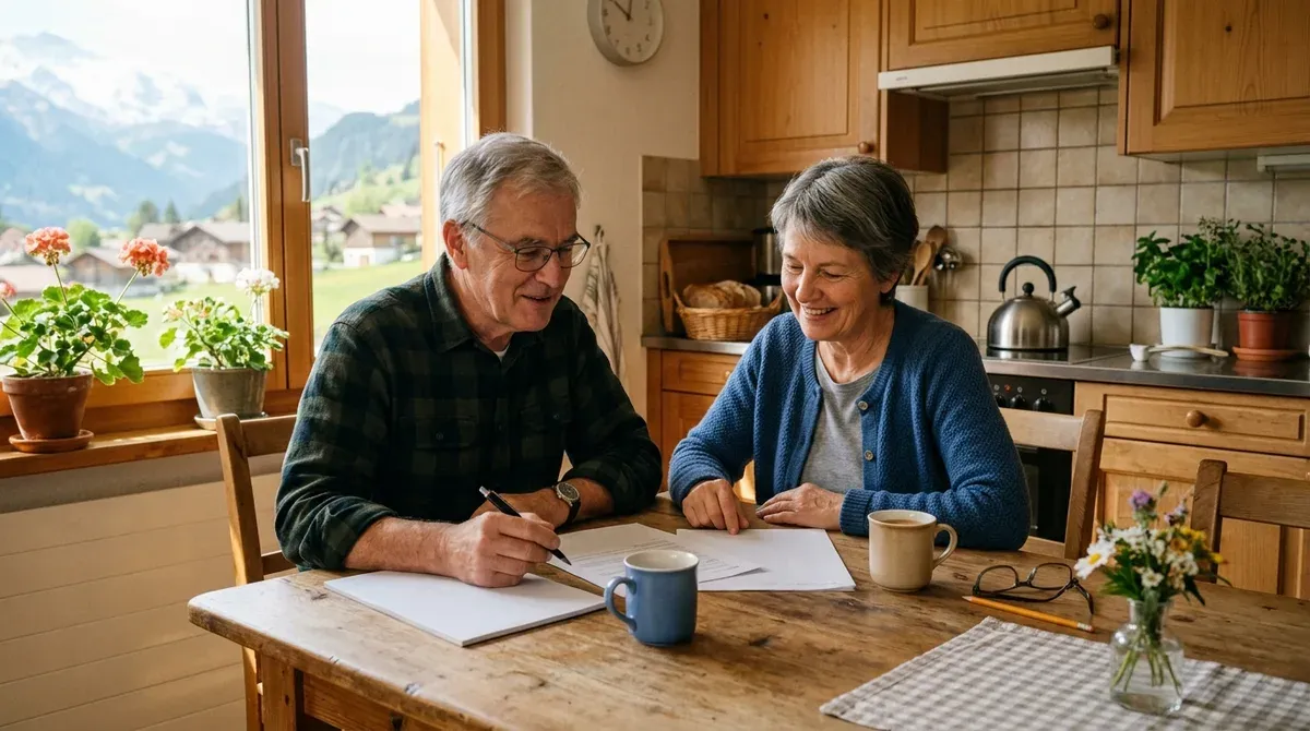 Un couple de sexagénaires consulte des documents à la table de leur cuisine, une tasse de café posée à côté