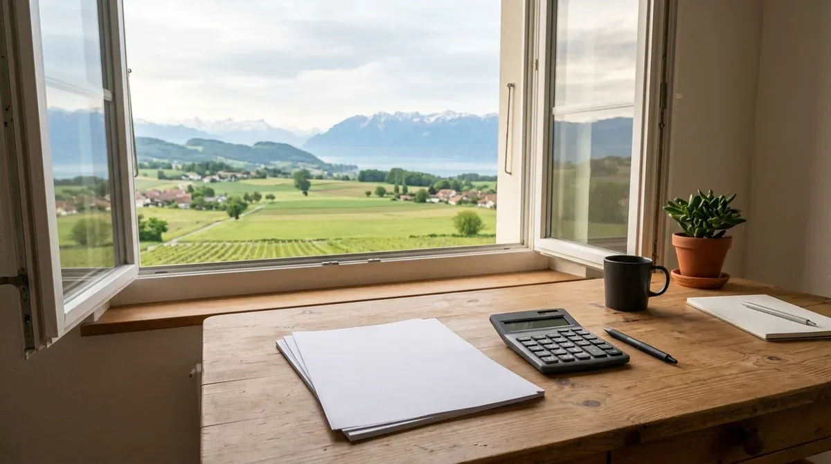 Feuilles de papier unies et calculatrice posées sur un bureau devant une fenêtre ouvrant sur la campagne lémanique