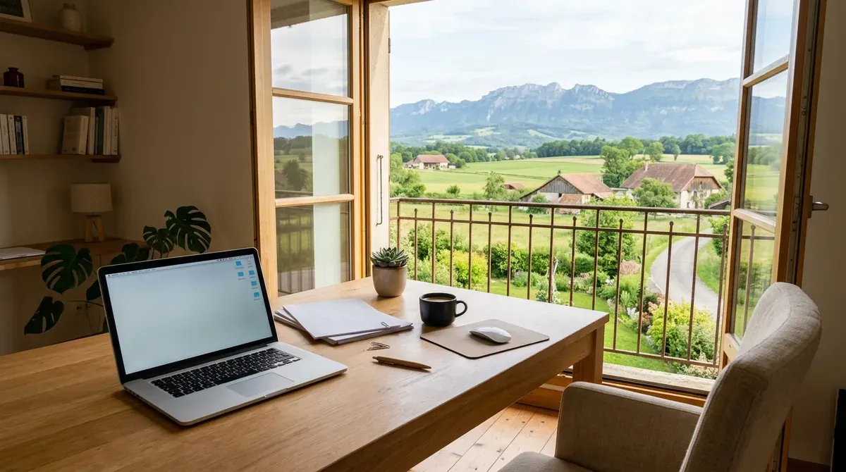 Bureau à domicile dans une maison de la région genevoise, ordinateur portable fermé et documents posés près d'une fenêtre ouvrant sur la campagne