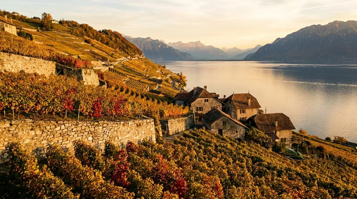 Vignoble en terrasses de Lavaux au bord du lac Léman, dans le canton de Vaud