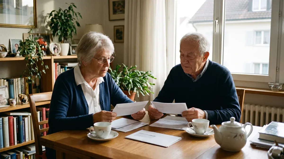 Couple de retraités attablé dans son séjour, consultant du courrier administratif